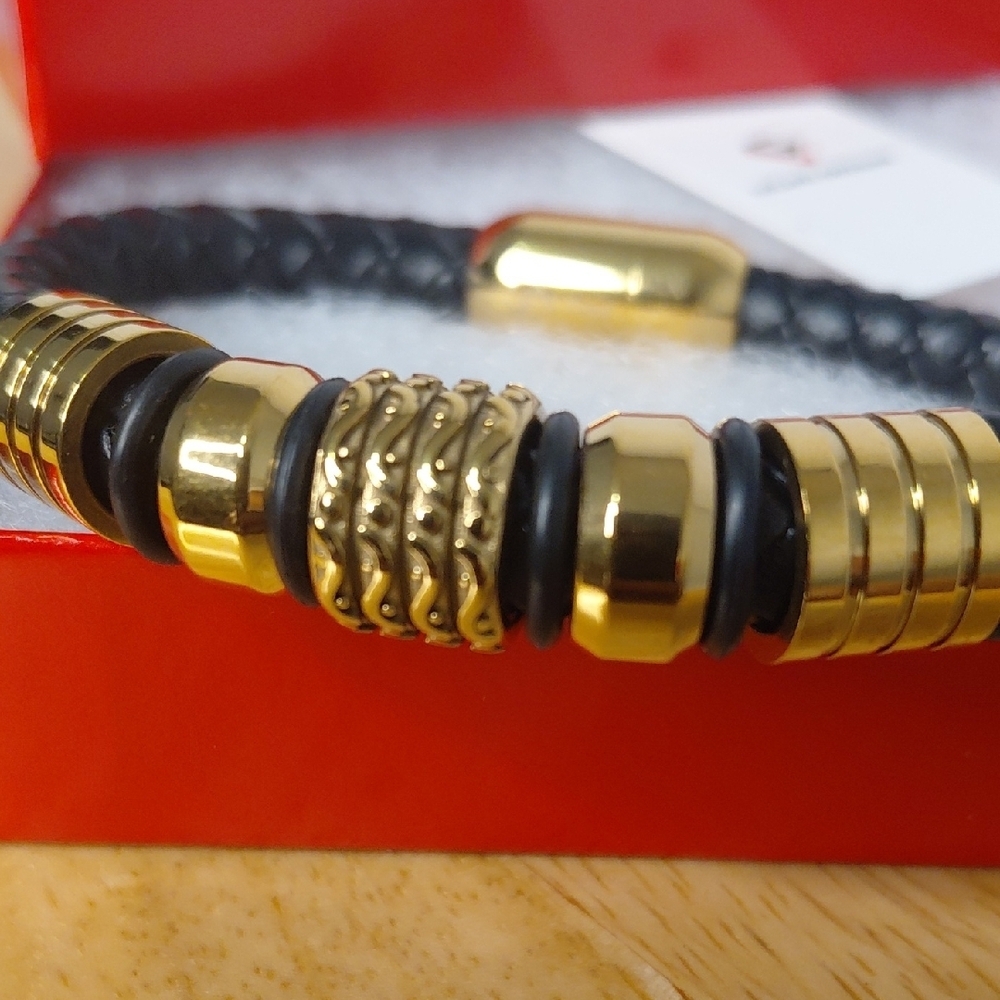 Leather & Stainless Steel Black and Gold Men's Braided Bracelet - Picture 2 of 5